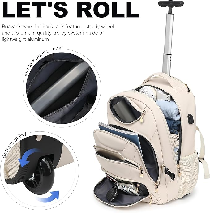 Boavan Rolling Backpack for Women, 17.3 Inch Wheeled Laptop Backpack,Large Travel Carry-On Bag for Teachers College Students, USB Charging Port Waterproof Business for Airplane Overnight Luggage，Beige