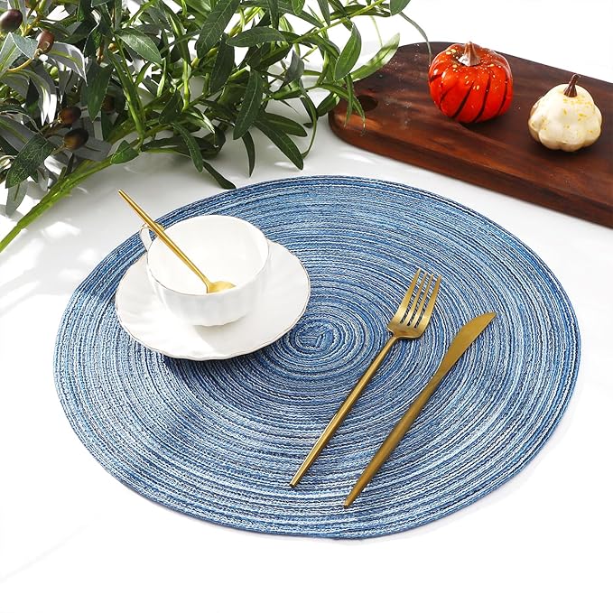 SHACOS Round Braided Placemats Set of 4 Dining Table Placemats 15 inch Circle Place Mats Easy to Clean Table Mats Indoor Outdoor, Blue Gray