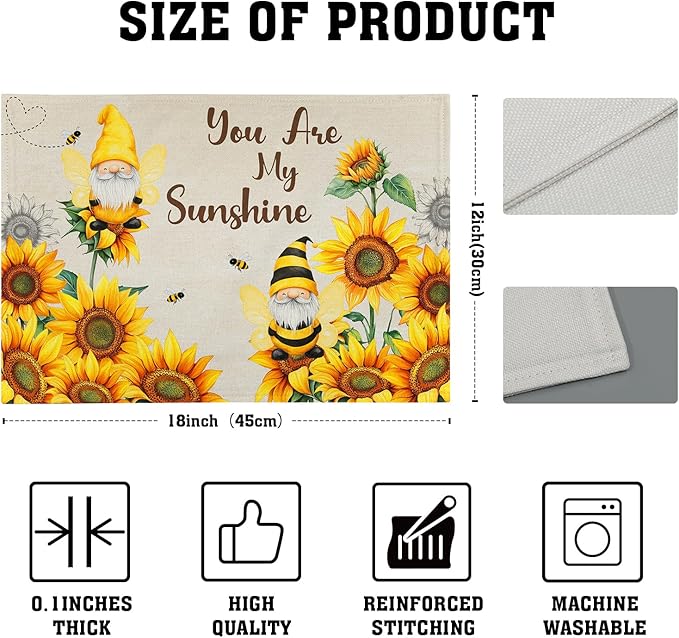 Giwawa Bee Gnomes Placemats Set of 4, 12x18 Inch Vintage Summer Sunflowers Linen Place Mat, Sunshine Floral Heat Resistant Washable Table Mats Kitchen Dining Seasonal Farmhouse Decor