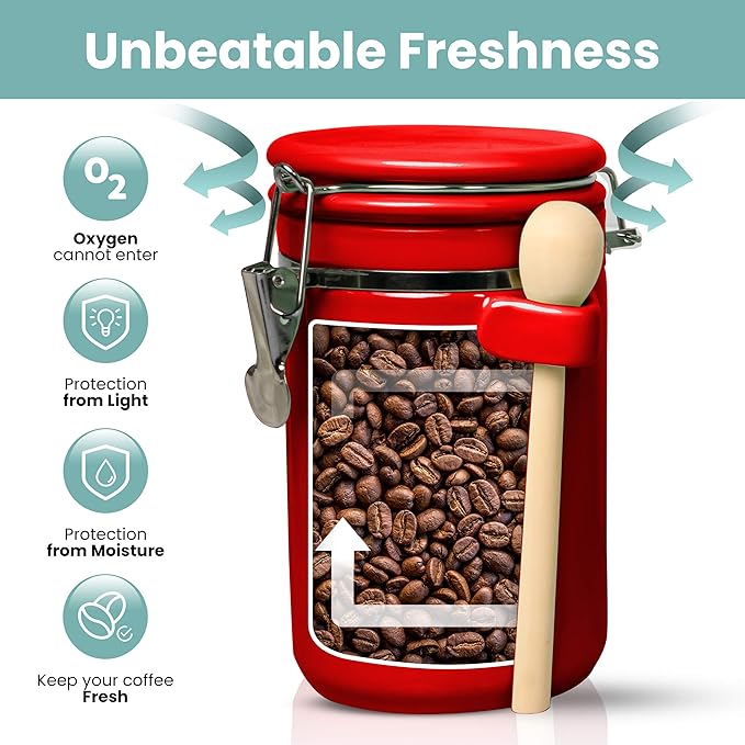 Home Intuition Smell Proof 4-Piece Ceramic Kitchen Canisters Set, Airtight Containers with Wooden Spoons Reusable Chalk Labels and Marker for Sugar, Coffee, Flour, Tea (Red)