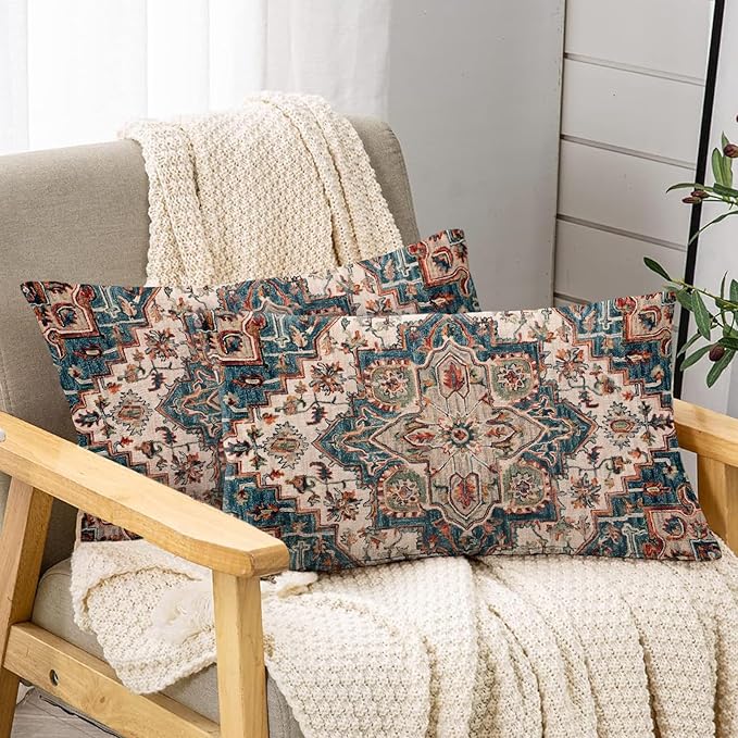 Boho Throw Pillow Covers 12x20 inch Set of 2,Boho Vintage Carpet Pattern Antique Ethnic Decor Double Sided Pattern Cushion Cover Soft Pillow Case Living Sofa Room Bed Square Pillow Cover