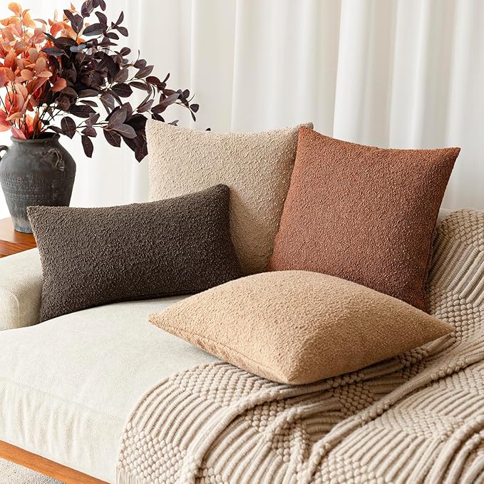 Foindtower Set of 2, Decorative Textured Boucle Throw Pillow Covers Accent Solid Pillow Cases Neutral Couch Cushion Case for Chair Sofa Bedroom Living Room Home Decor 16x16 Inch Burnt Orange Hazel