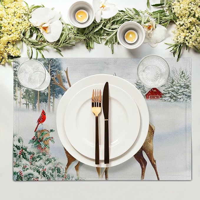 Giwawa Winter Deer Placemats Set of 4 12x18 Inch Christmas Reindeers Elk Moose Place Mat Xmas Trees Snow Wildlife Table Mats Washable Stain Resistance for Kitchen Dining Seasonal Party Decor