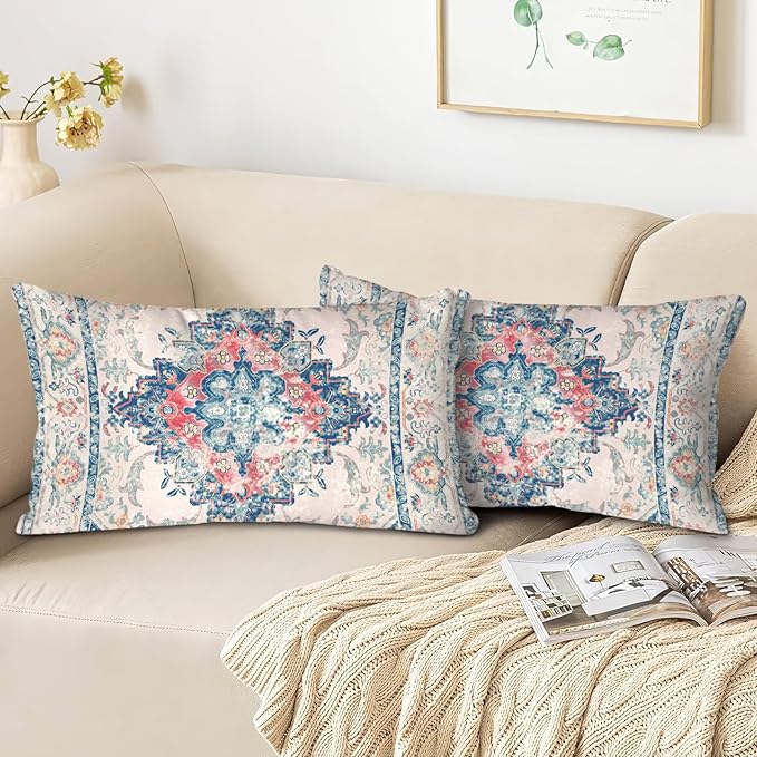 Boho Throw Pillow Covers 12x20 inch Set of 2,Boho Vintage Carpet Pattern Antique Ethnic Decor Double Sided Pattern Cushion Cover Soft Pillow Case Living Sofa Room Bed Square Pillow Cover