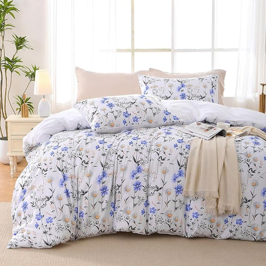MUXHOMO Duvet Cover Queen Size, Reversible Floral Vintage Duvet Cover Set with Zipper Closure, 3 Pieces Botanical Patterns Soft Microfiber Bedding Set (90"x90", 2 Pillow Cases, Purple Blue Daisy)