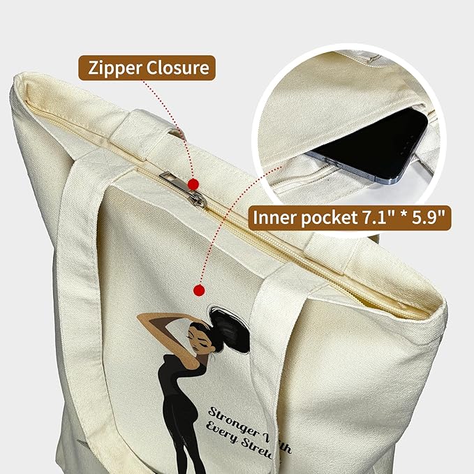 Tote Bag for Women, Reusable Zippered Canvas Bag with Handles Pocket Thick Canvas, for Grocery Shopping Beach Gift