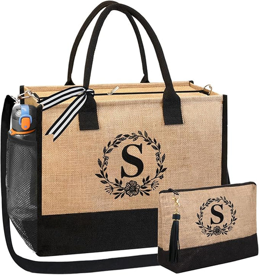 BeeGreen Embroidery Monogram Initial Tote Bag for Women Teacher Mom Friend Personalized Gift for Birthday Beach Work Wedding