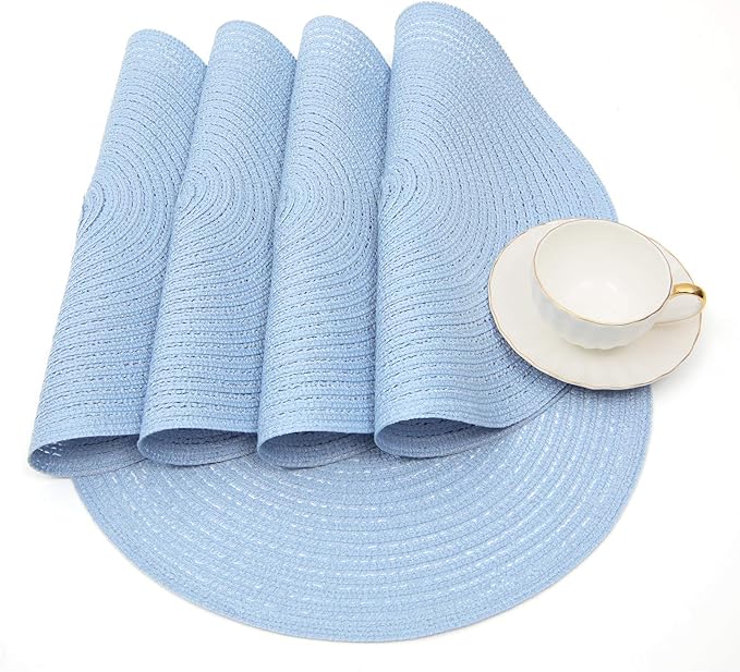 SHACOS Round Braided Placemats Set of 4 Washable 15 inch Round Non Slip Table Place Mats for Dining Tables (Light Blue, 4)