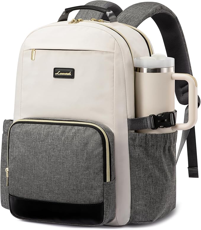 LOVEVOOK Laptop Backpack for Women with Pouch Pocket for Large Capacity Cup,15.6 Inch Laptop Computer Bag Travel Backpack Purse,Waterproof Work Business Backpack College Teacher Bags,Beige-Gray-Black