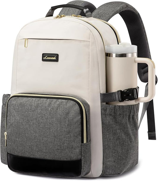 LOVEVOOK Laptop Backpack for Women with Pouch Pocket for Large Capacity Cup,15.6 Inch Laptop Computer Bag Travel Backpack Purse,Waterproof Work Business Backpack College Teacher Bags,Beige-Gray-Black