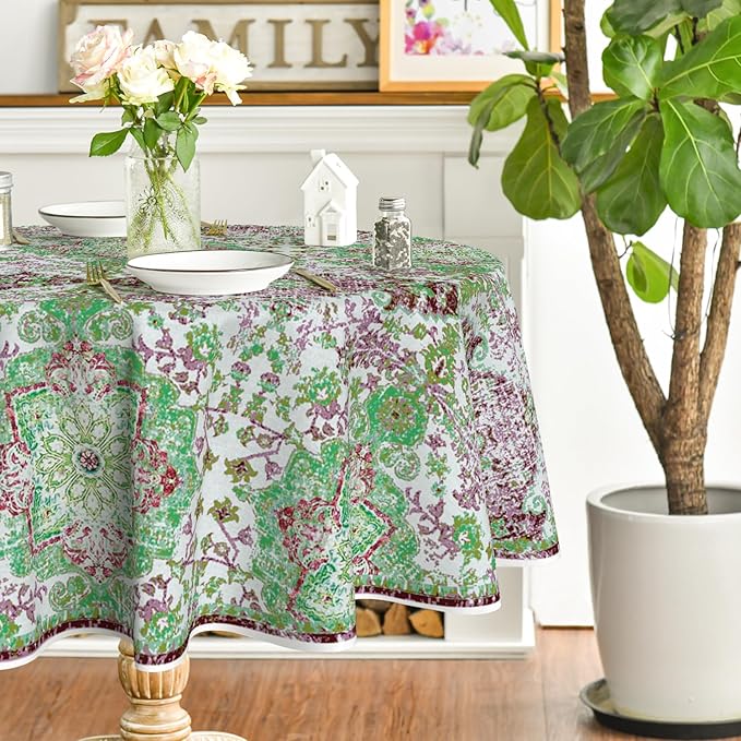 Horaldaily Boho Bohemia Style Tablecloth 70×70 Inch Round, Green Vintage Country Rustic Farmhouse Magical Fall Orange Washable Seasonal Table Cover for Party Picnic Dinner Decor