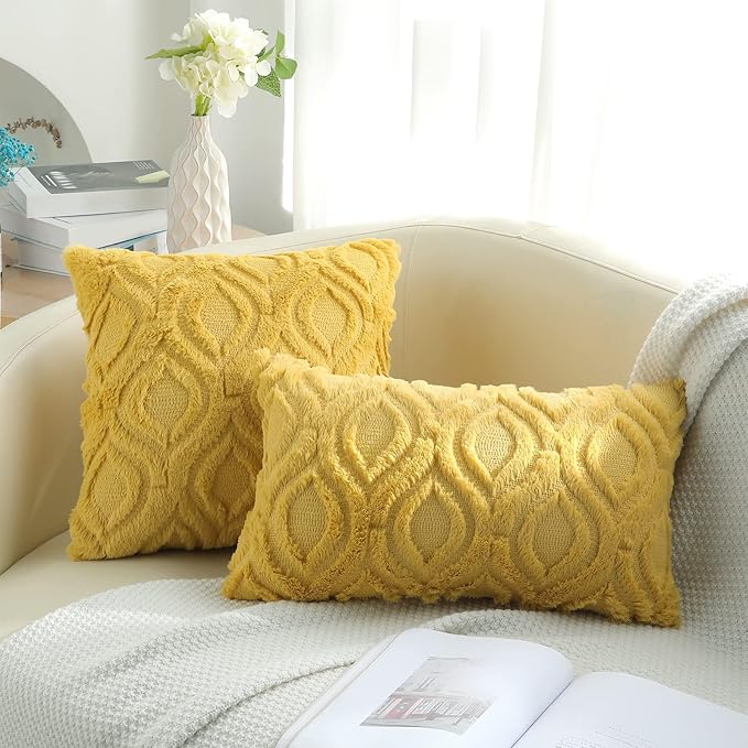 decorUhome Throw Pillow Covers 26x26 Inch Set of 2, Soft Plush Decorative Faux Fur Mustard Yellow Solid Couch Pillow Covers, Accent Farmhouse Neutral Square Euro Pillow Cases for Sofa Bed Living Room