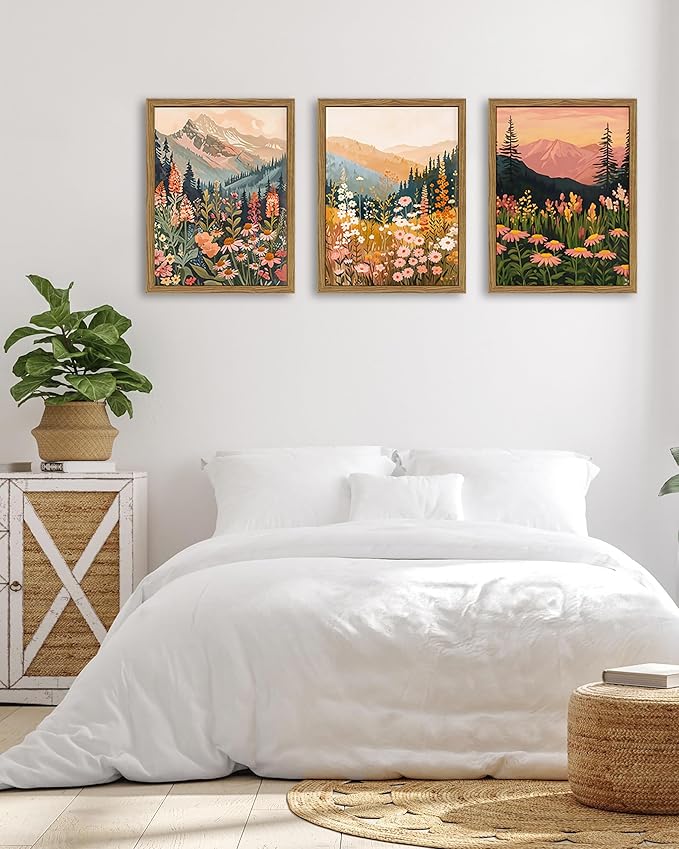 Boho Colorful Landscape wall art Wildflower Mountain Wall Decor Vintage Floral Forest Paintings Rustic Nature Pictures Canvas Prints for Living Room Bedroom Dining Room 12x16 Inch Wood Framed