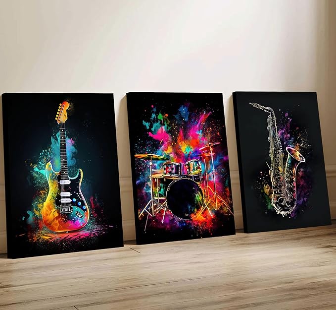 3pcs Musical Instrument Graffiti Canvas Wall Art Pop Music Instrument Style Wall Decor Pictures Rock Electric Guitar Jazz Drum Posters Prints for Teenagers Living Room Bedroom Home Decoration Framed