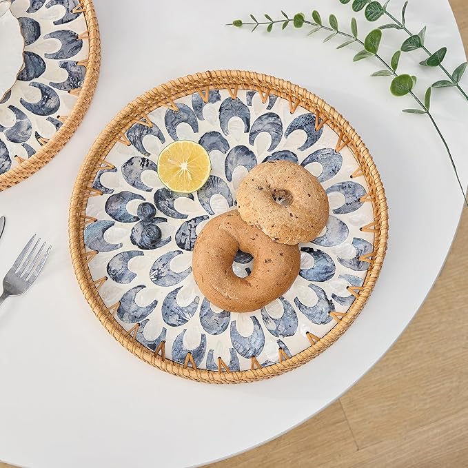 Round Rattan Tray for Home Decor 11.8 inch, Modern and Boho Decor Serving Tray with Mother of Pearl Inlay, Wicker Basket for Coffee Table, Hand Woven Decorative Tray Plates (Black)