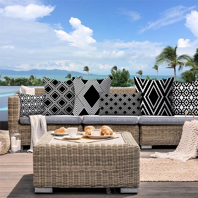 NIGHTWISH Outdoor Waterproof Pillow Covers 18x18 Set of 4 Black and White Decorative Outdoor Throw Pillows Boho Cushion Cases for Patio Furniture Bench Couch Sunbrella