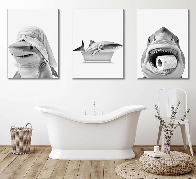 3pcs Black And White Shark Bathroom Canvas wall art Funny ocean Animal bathtub Paintings Pictures Wall Decor Modern Poster Printing Artwork for Restroom Toilet Home Decoration