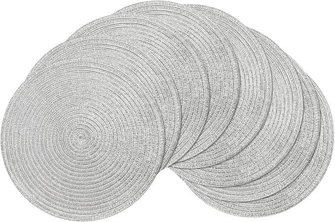 SHACOS Silver Glitter Round Braided Placemats Set of 8 Sparkle Bling Washable 15 inch Round Table Mats Woven Place Mats for Dining Table Christmas Home Table Decor (Silver, 8)