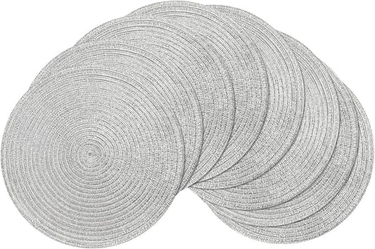 SHACOS Silver Glitter Round Braided Placemats Set of 8 Sparkle Bling Washable 15 inch Round Table Mats Woven Place Mats for Dining Table Christmas Home Table Decor (Silver, 8)