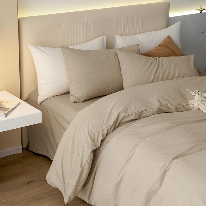 JIYUAN 100% Washed Cotton Duvet Cover Set 3 Pieces Queen, 1 Duvet Cover 90x90 Inches(Comforter Not Included) and 2 Pillowcases,Linen Feel Bedding Set Comfy and Breathable, Heathered Tan