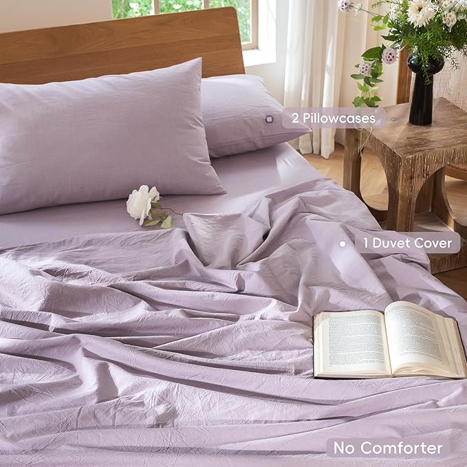 MooMee Bedding Duvet Cover Set 100% Washed Cotton Linen Like Textured Breathable Durable Soft Comfy (Heathered Light Purple, King 104"x90")