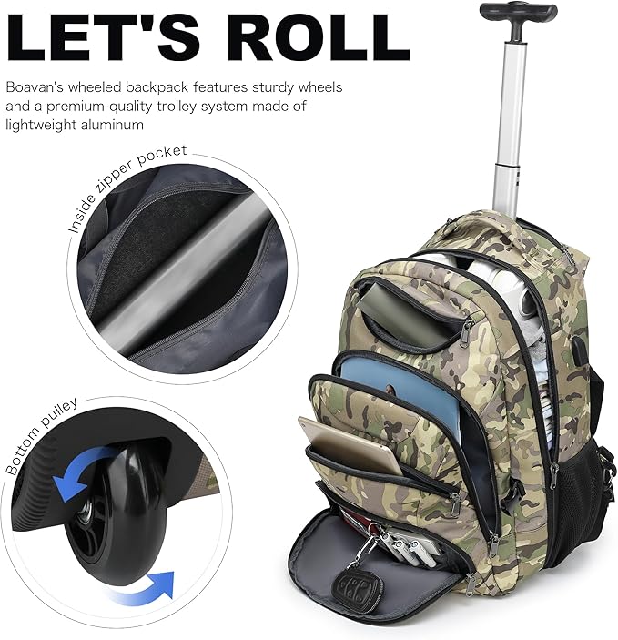 Boavan Rolling Backpack,17 inch Water Resistant Wheeled Backpack,Carry on Luggage Business Bag, Overnight College Computer Bag Trolley Suitcase for Men Women Adults to Travel