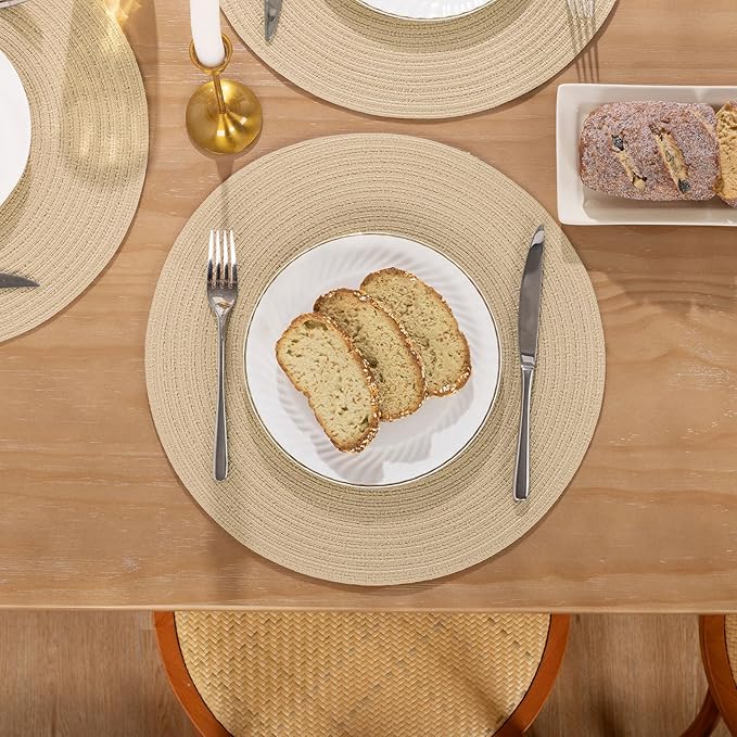 SHACOS 15 inch Round Braided Placemats Set of 6 Non Slip Heat Resistant Round Table Mats Fabric Place Mats for Dinner Party Table Decoration (Light Beige, 6)
