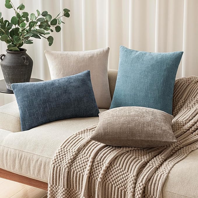 Foindtower Pack of 2 Textured Chenille Throw Decorative Pillow Covers Square Accent Solid Cushion Cover Neutral Farmhouse Pillow Case for Couch Sofa Bedroom Living Room 16x16 Inch,Light Blue