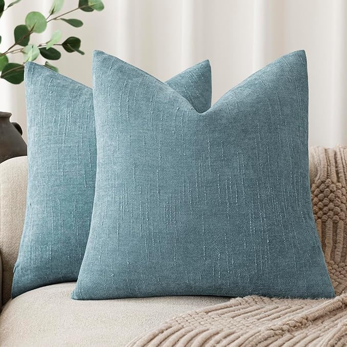 Foindtower Pack of 2 Textured Chenille Throw Decorative Pillow Covers Square Accent Solid Cushion Cover Neutral Farmhouse Pillow Case for Couch Sofa Bedroom Living Room 24x24 Inch,Light Blue