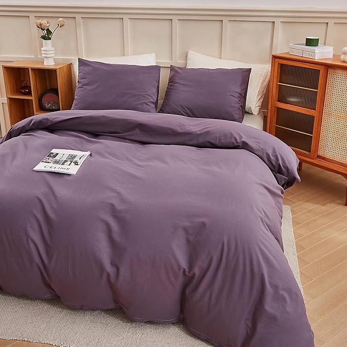 ECOCOTT Purple Duvet Cover Full Size - 100% Washed Cotton Durable Soft Comfy Duvet Cover Set, 3 Pieces Duvet Cover with Zipper Closure (Purple, 80''x90'')