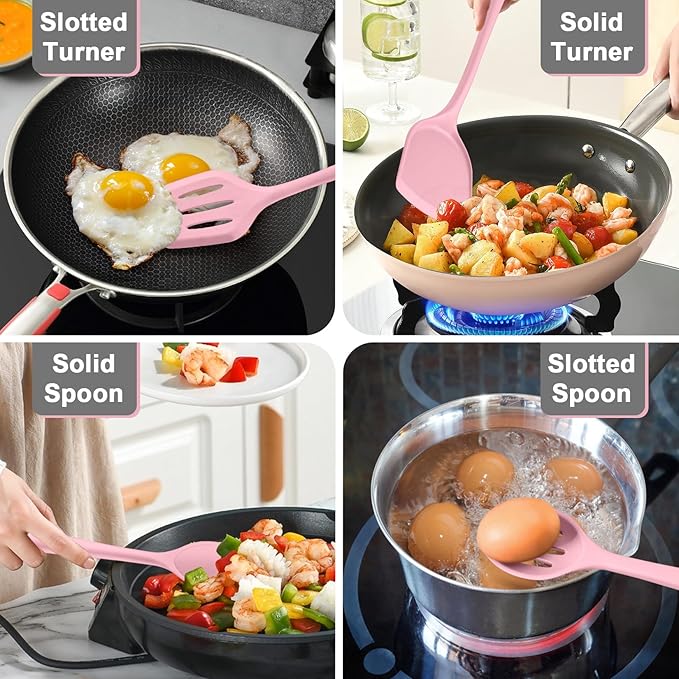 P&P CHEF Kitchen Utensil Set, 4 Pieces Non-stick Silicone Cooking Utensils, Heat-resistant Slotted Solid Spoon Turner for Frying, Mixing, Serving, Non-toxic & Easy to Clean, Pink