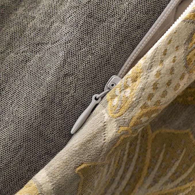 mixinni Duvet Cover King, Premium Cotton Double-Layer Yarn Golden Floral Jacquard Reversible Grey Comforter Cover with Edge Design, Farmhouse Bedding Set with 2 Pillowcases Perfect for Him and Her