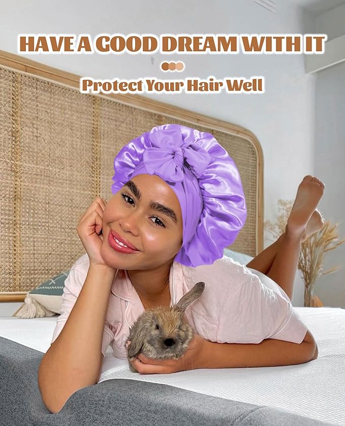 Satin Bonnet Silk Bonnet for Sleeping Silk Sleep Cap Double Layer Hair Bonnet with Elastic Tie Band for Curly Hair Night Cap (Light Purple+Champagne)