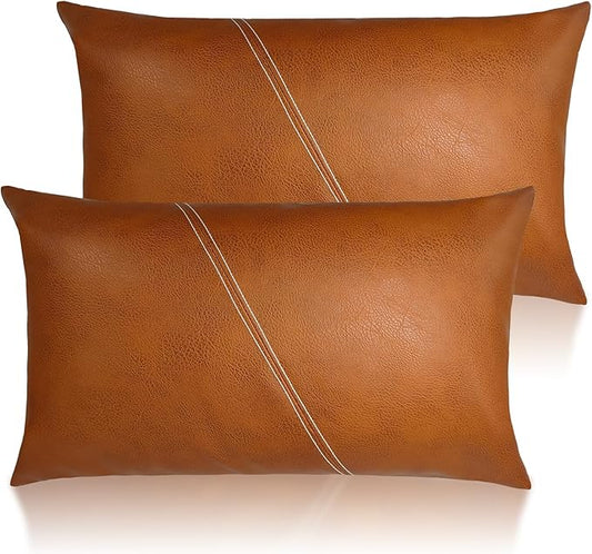 Faux Leather Throw Pillow Covers 12X20 Inch Barcelona Brown Outdoor Modern Farmhouse Solid Decorative Pillow Covers for Room Couch Living Bedroom Bed Sofa