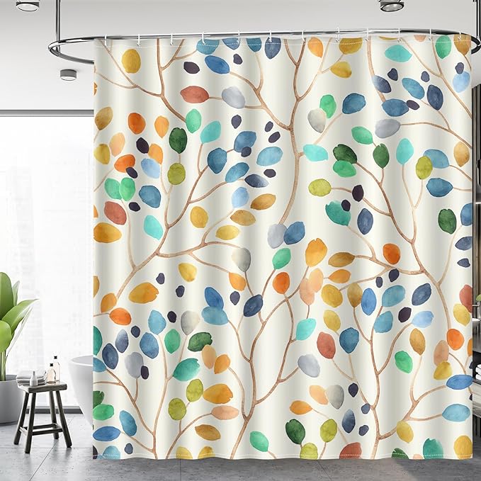 Aimego Colorful Spring Shower Curtain - Watercolor Plant Leaves Floral Summer Nature Botanical Fabric Cloth Bath Shower Curtain Set with 12 Hooks for Bathroom Decor Accessories, 72"x72"