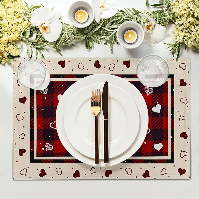 Giwawa Valentine Decorative Placemats Set of 4-12"x18" Love Heart Place Mat with Red Black Buffalo Plaids- Romantic Wedding Anniversary Linen Table Mats for Kitchen Dining Holiday Decor