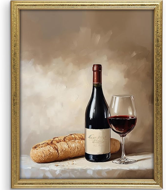 Wine & Bread Still Life Art Print - 8x10 | Vintage Wall Art for Kitchen Decor | Dining Room Wall Pictures for Farmhouse | Rustic Wall Pictures for Living Room