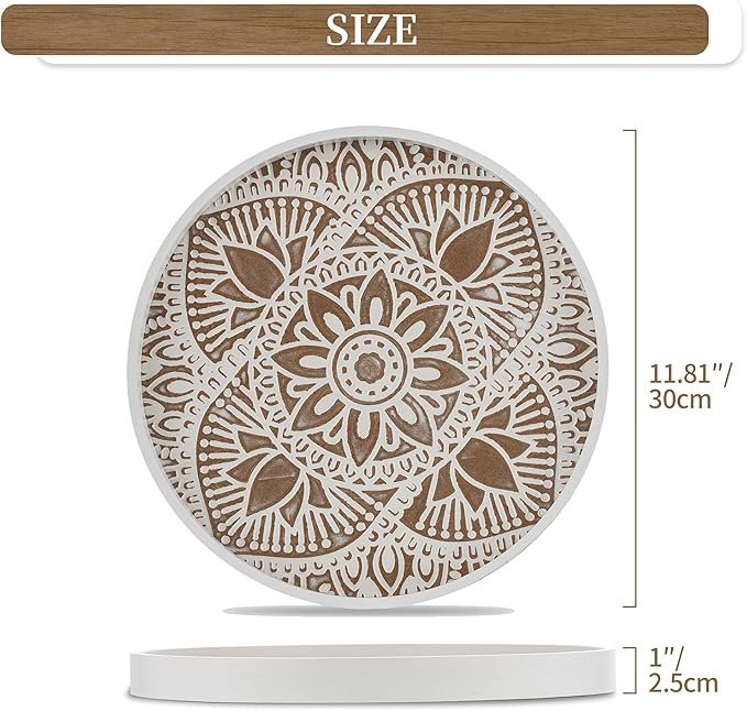 Hanobe Decorative Serving Tray Round: 2Pcs Farmhouse Coffee Table Decor with White Boho Bead Garland - Mandala Trays for Living Room Kitchen Centerpiece Display