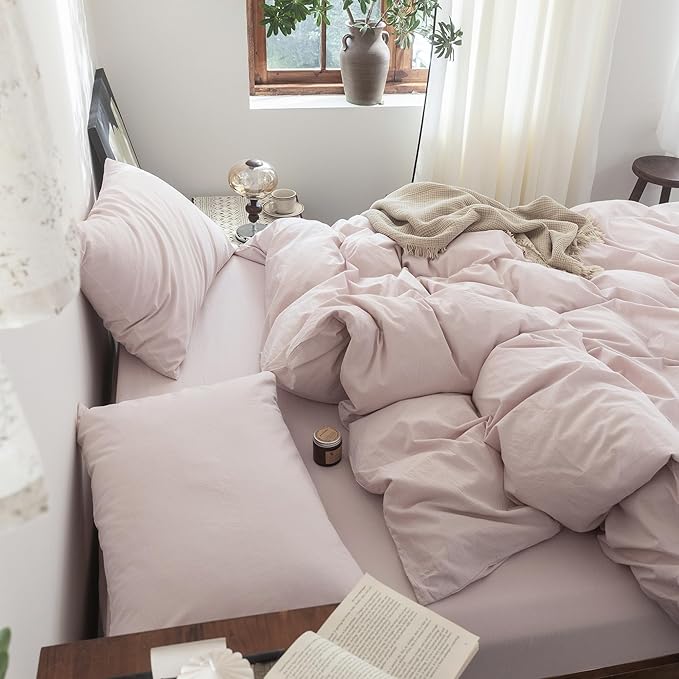 FOSSA Duvet Cover Set 100% Washed Cotton Linen Feel Super Soft Breathable Cozy 3 Pieces Bedding Sets Solid Greyish Pink California King