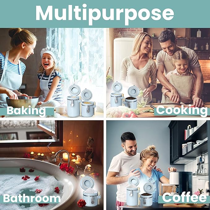 Home Intuition 4-Piece Ceramic Kitchen Canisters Set, Airtight Containers with Wooden Spoons Reusable Chalk Labels and Marker for Sugar, Coffee, Flour, Tea (Light Blue)