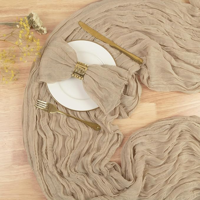 13.3FT Long Sand Cheesecloth Table Runner Boho Table Runner Transparent Rustic Gauze Wedding Dining Table Decorations for Birthday Party Holiday Baby Shower Event Decorations