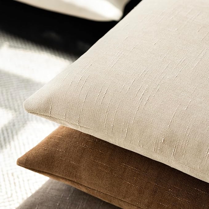 Foindtower Pack of 2 Soft Textured Chenille Throw Decorative Pillow Covers Square Accent Solid Cushion Cover Cozy Neutral Farmhouse Pillow Case for Couch Sofa Bedroom Living Room 24x24 Inch, Beige