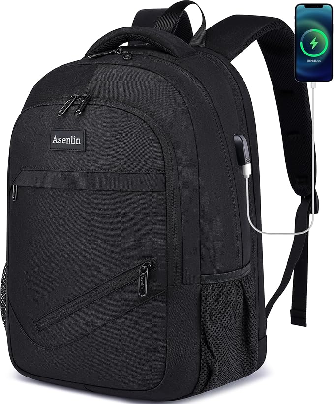 Asenlin Travel Laptop Backpack for Women & Men,Water Resistant Business Slim Sturdy Laptops Backpack with USB Charging Port,Fits 15.6 Inch Notebook College School Computer Bag-Black