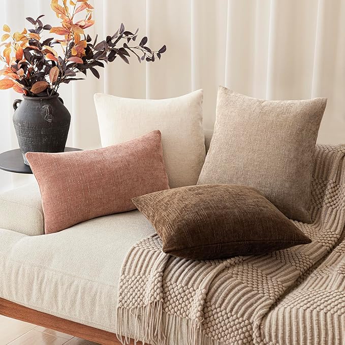 Foindtower Pack of 2 Soft Textured Chenille Throw Decorative Pillow Covers Square Accent Solid Cushion Cover Neutral Lumbar Pillow Case for Couch Sofa Bedroom Living Room 12x20 Inch,Dusty Pink