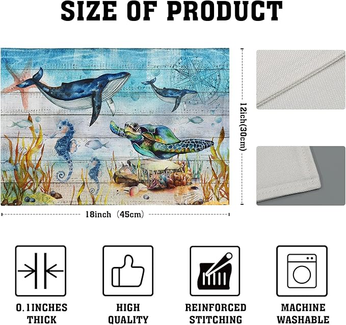 Giwawa Sea Life Placemats Set of 4- Sea Turtle Seahorse Whale Ocean Animal Place Mats- Vintage Compass Wood Board Heat Resistant Linen Table Mats 12"x18" for Dining Kitchen Summer Decoration