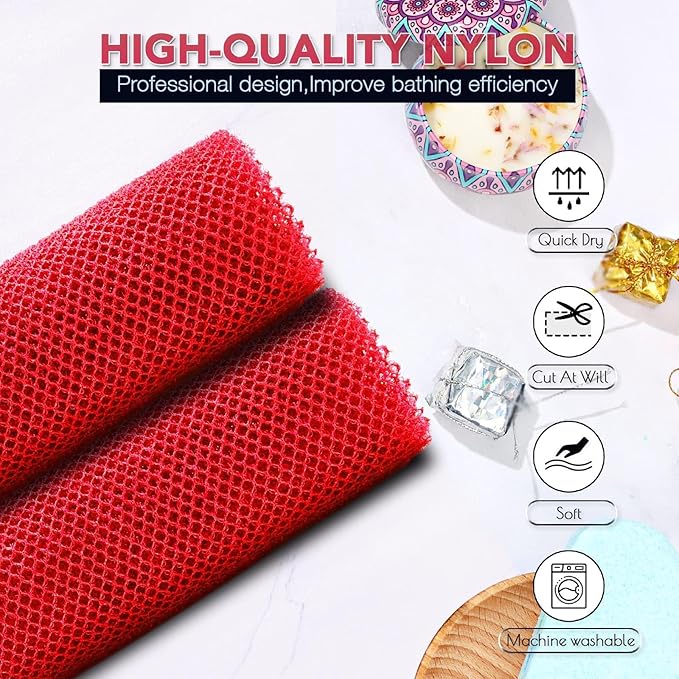 UJFQBH 2 Pieces African Bath Sponge African Net Long Net Bath Sponge Exfoliating Shower Body Scrubber Back Scrubber Skin Smoother,Great for Daily Use (Red)