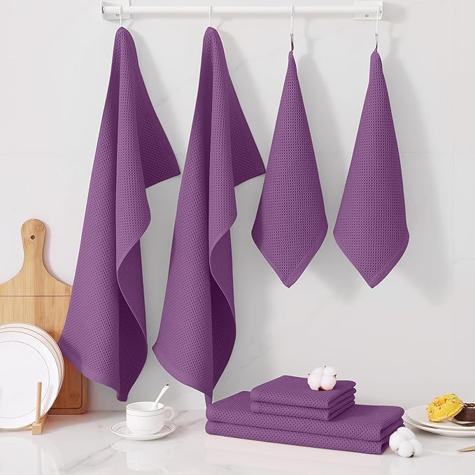 Homaxy 100% Cotton Kitchen Towels and Dishcloths Set, 12 x 12 Inches and 13 x 28 Inches, Set of 8 Bulk Kitchen Towels Set, Ultra Soft Absorbent Dish Cloths for Washing Dishes, Purple