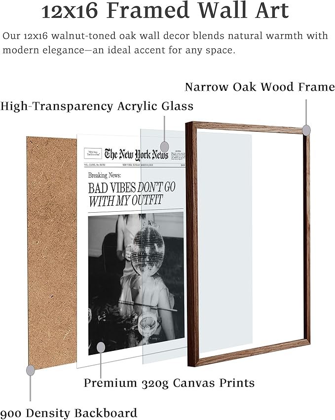 EcoHest Trendy Newspaper Magazine Framed Wall Art, 12x16 in Walnut Color OAK Wood Bad Vibes Don't Go With My Outfit Disco Bar Canvas Wall Art, Preppy Retro Decor For Bedroom Living Room 1Pack
