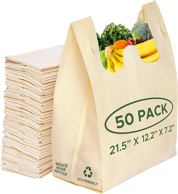 Simply Cool 50 Pack Reusable Eco-Friendly Grocery T-Shirt Shopping Bags 21.5”x12.2”x7.2”, Durable, Recyclable Shopping Bags Washable, Foldable, Portable Tote Bags Bulk