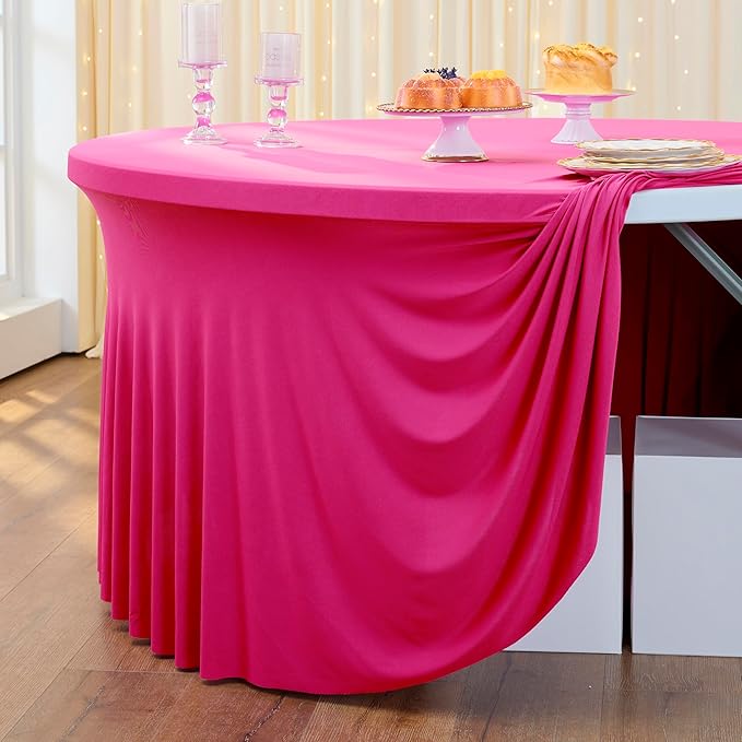 Outpain 8 Pack Hot Pink 72inch Spandex Round Tablecloths, Stretchy 132inch Fitted 6FT Round Table Cloths, Wrinkle Free Table Cover with Skirt for Wedding Party Dining Banquet